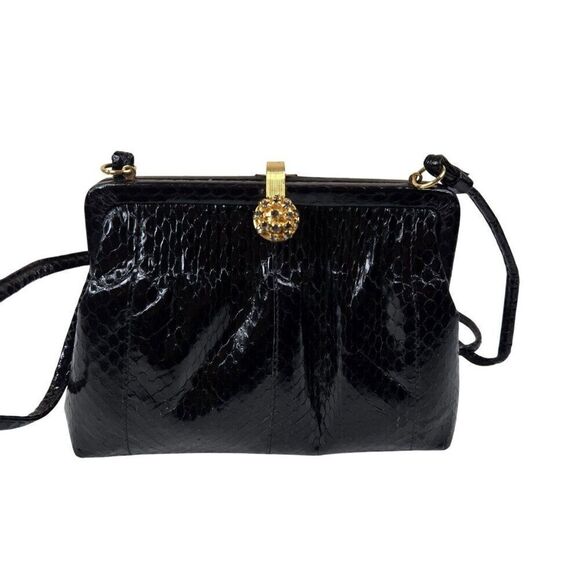 Vintage 60s Marlene Gaines Black Eel Leather Purse Gold Clasp Shoulder Strap - Picture 1 of 10